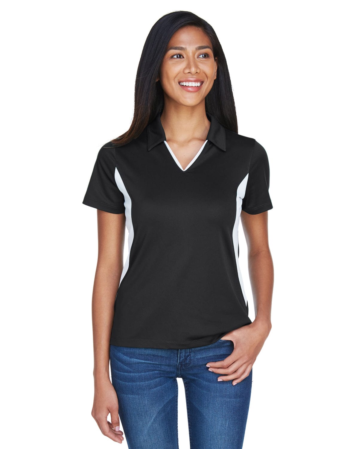 Harriton Ladies Side Block Micro-Pique Polo Shirt M355W | Black/ White - Front
