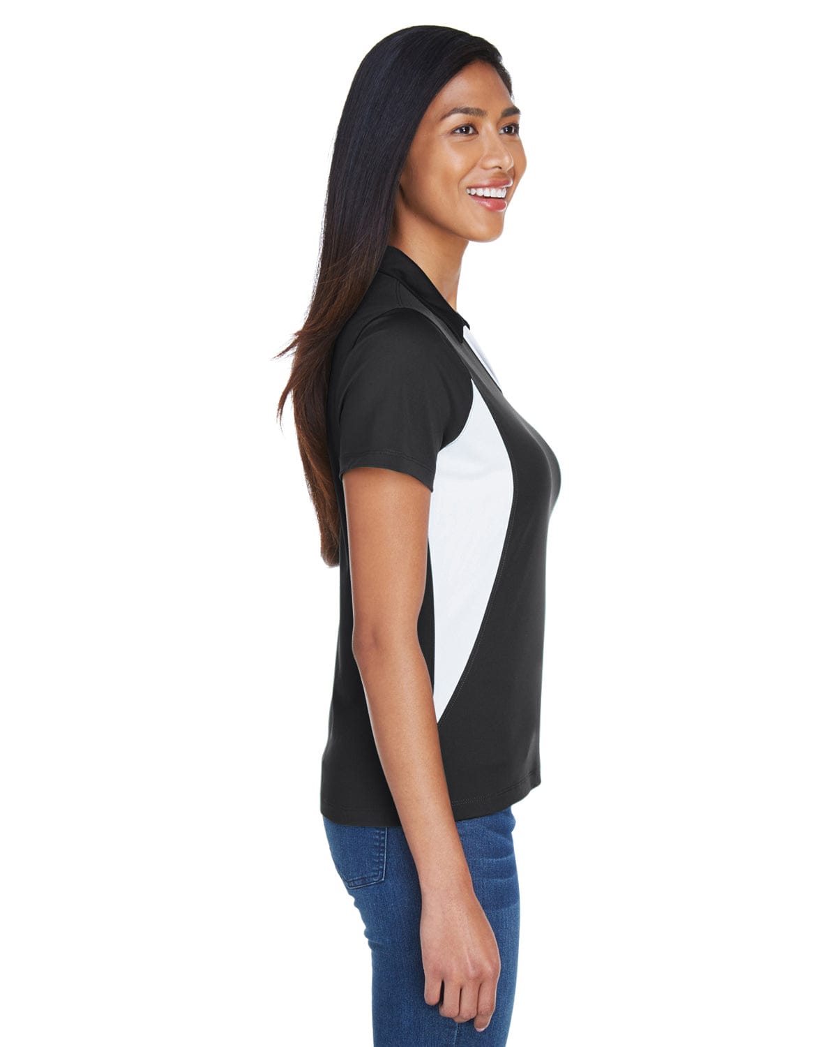 Harriton Ladies Side Block Micro-Pique Polo Shirt M355W | Black/ White - Side