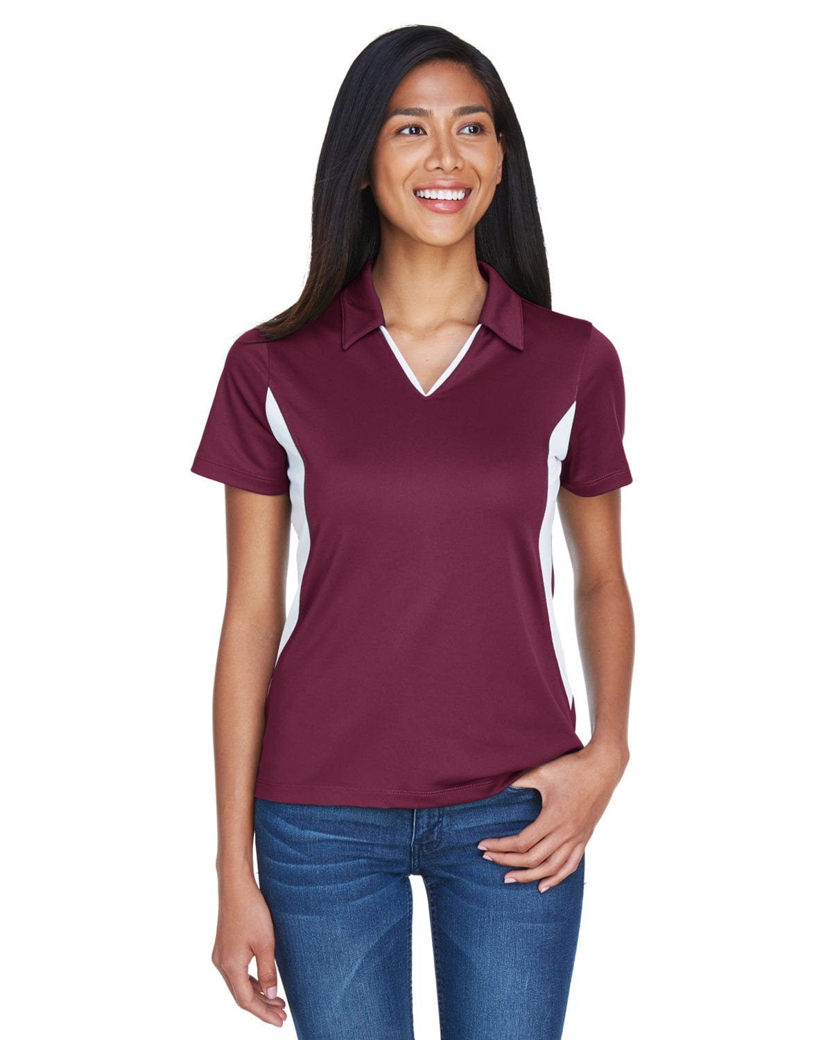 Harriton Ladies Side Block Micro-Pique Polo Shirt M355W | Maroon/ White - Front