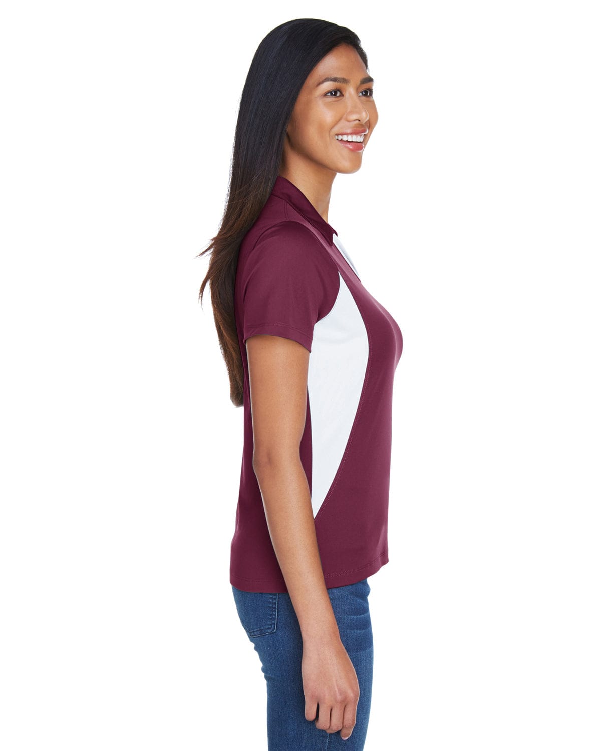 Harriton Ladies Side Block Micro-Pique Polo Shirt M355W | Maroon/ White - Side