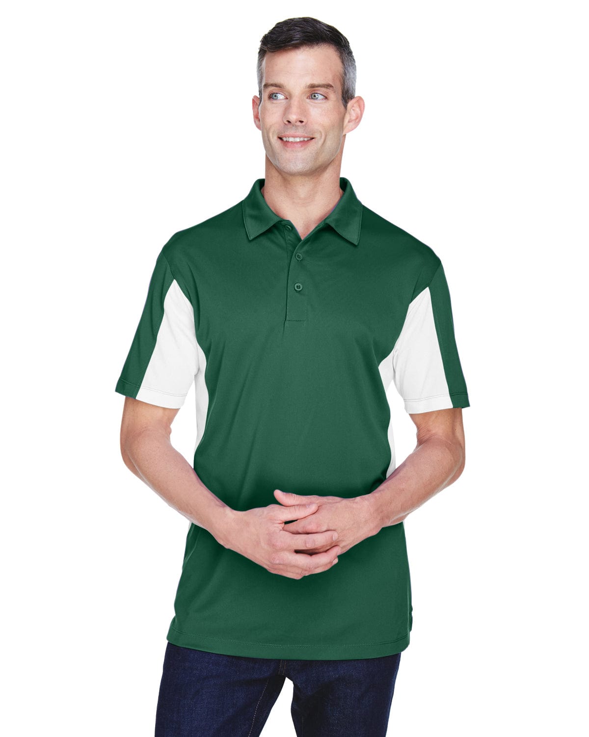 Harriton Side Block Micro-Pique Polo Shirt M355 | Dk Green/ White - Front