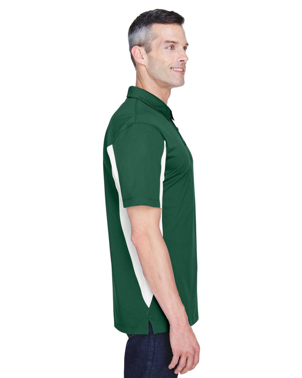 Harriton Side Block Micro-Pique Polo Shirt M355 | Dk Green/ White - Side