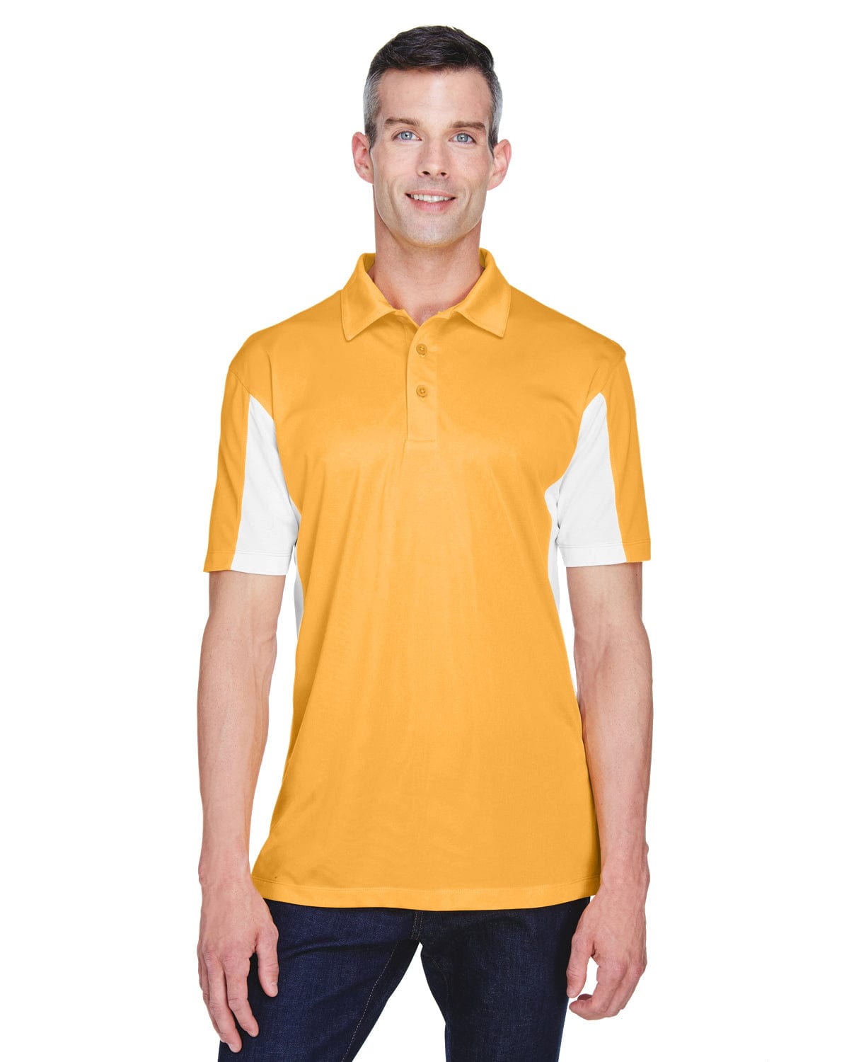 Harriton Side Block Micro-Pique Polo Shirt M355 | Gold/ White - Front