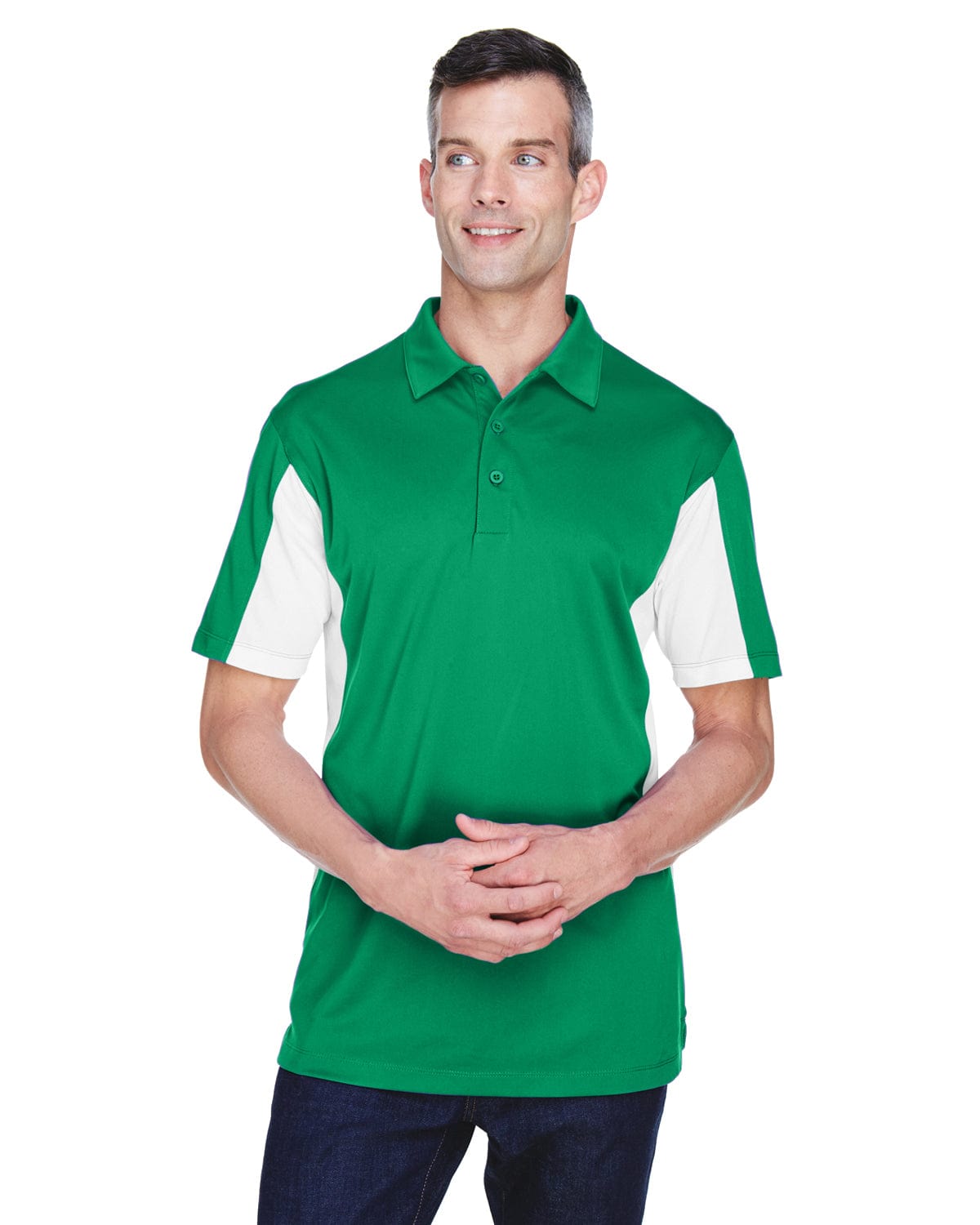 Harriton Side Block Micro-Pique Polo Shirt M355 | Kelly/ White - Front