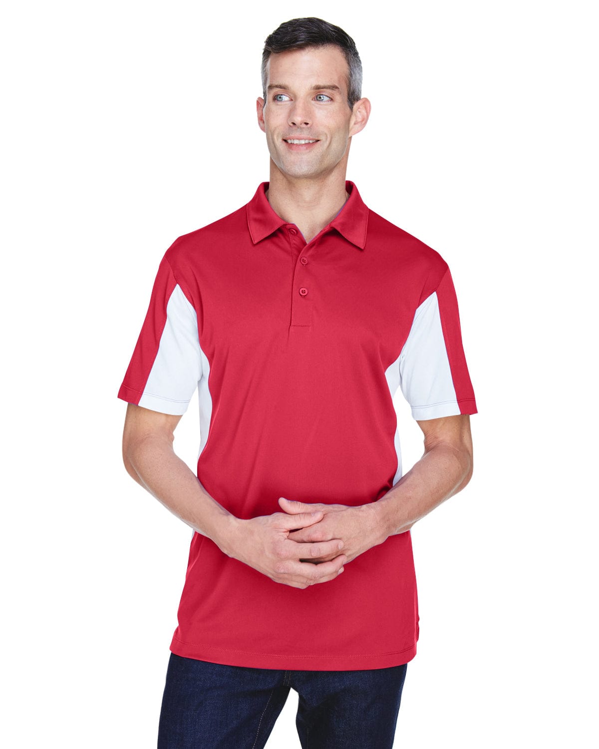 Harriton Side Block Micro-Pique Polo Shirt M355 | Red/ White - Front