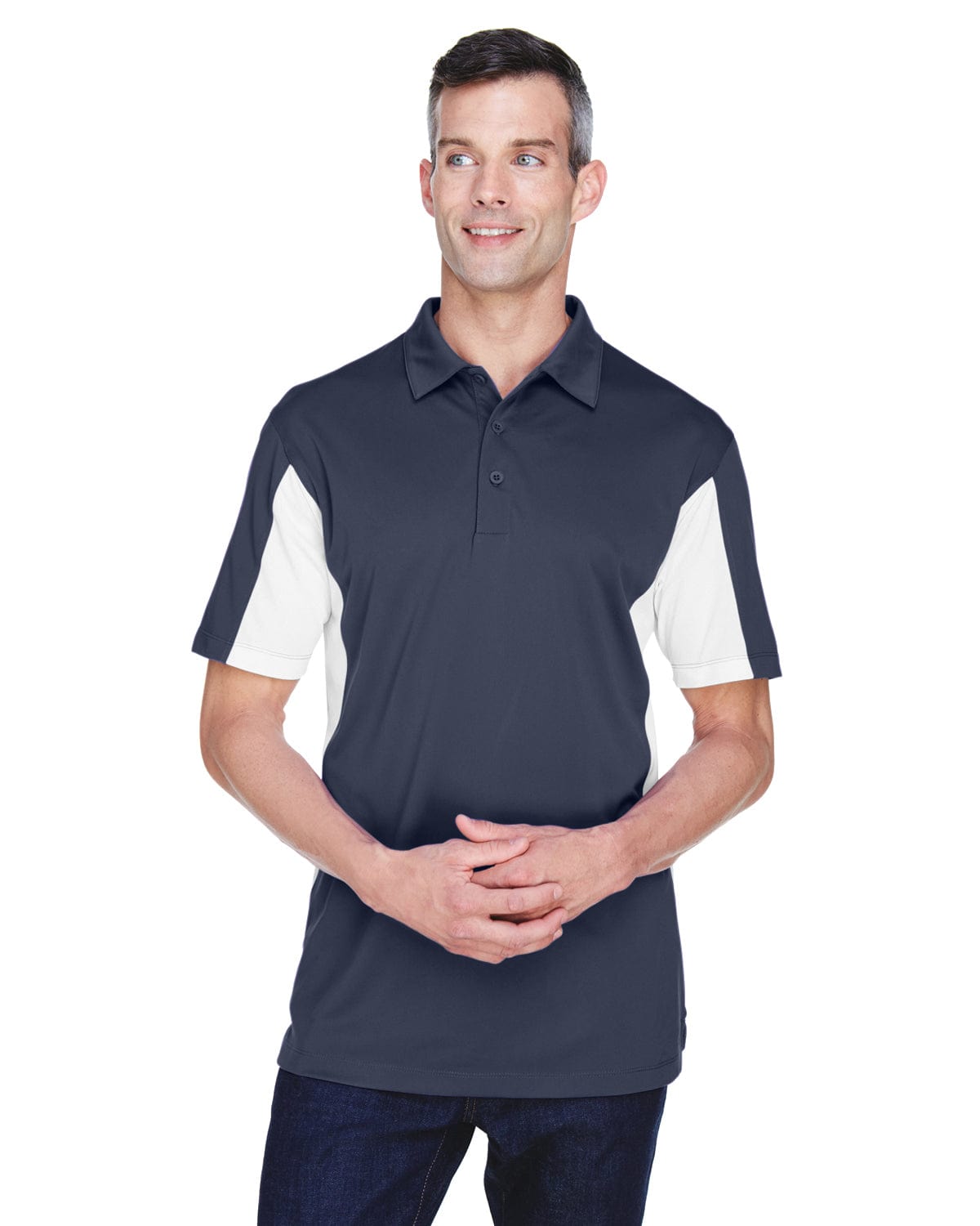 Harriton Side Block Micro-Pique Polo Shirt M355 | Navy/ White - Front