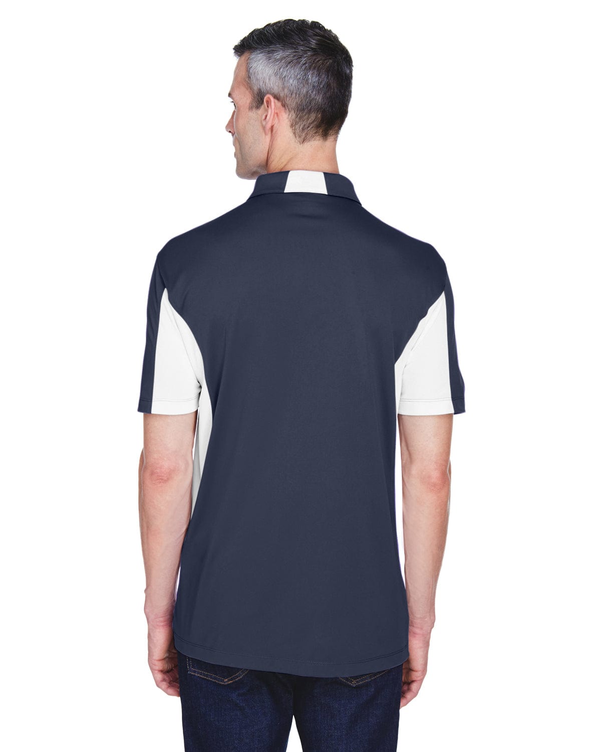 Harriton Side Block Micro-Pique Polo Shirt M355 | Navy/ White - Back