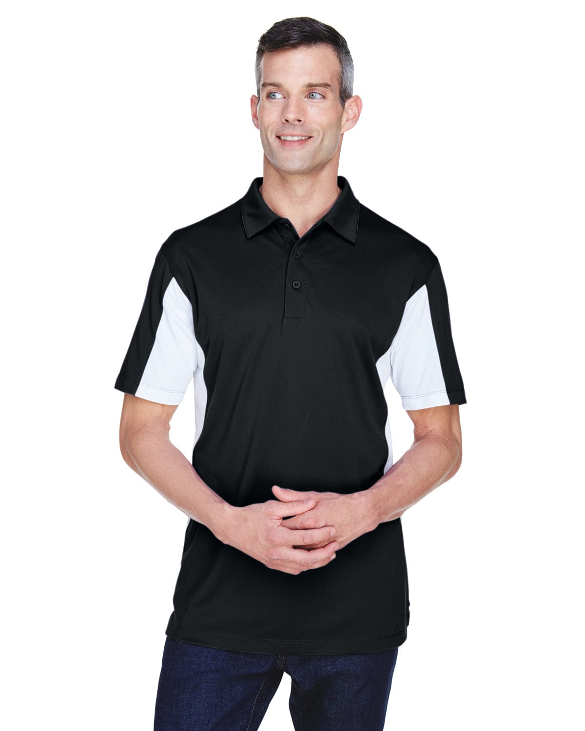 Harriton Side Block Micro-Pique Polo Shirt M355 | Black/ White - Front