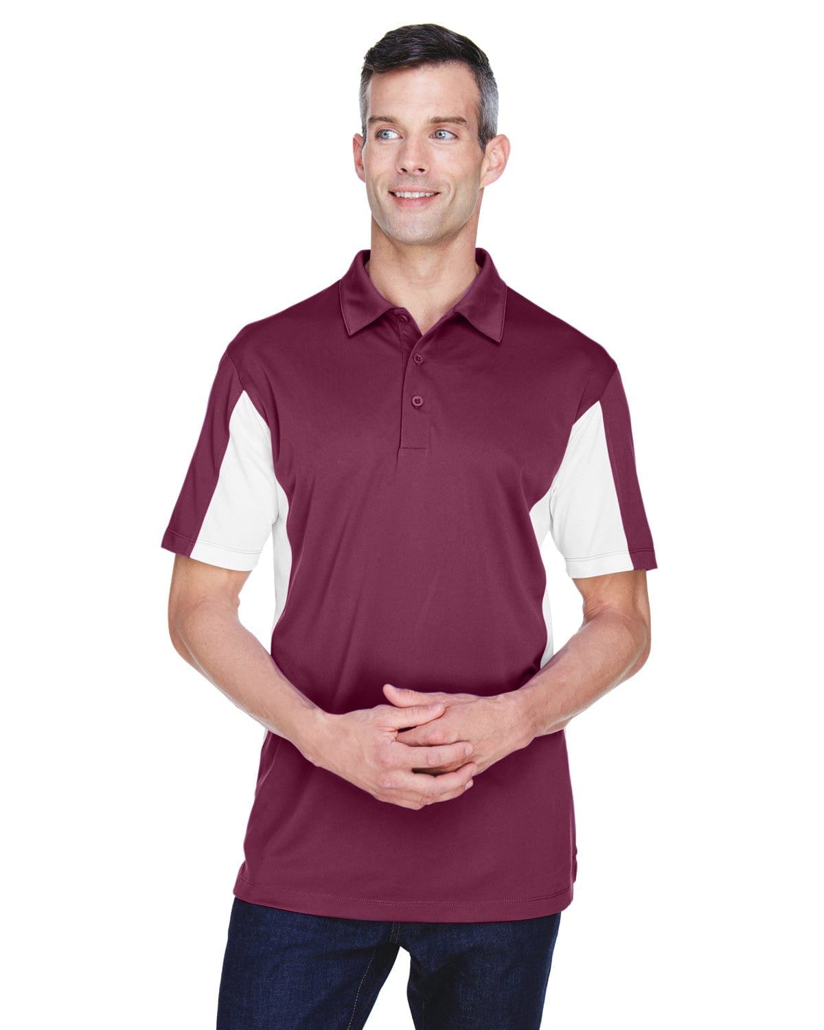 Harriton Side Block Micro-Pique Polo Shirt M355 | Maroon/ White - Front