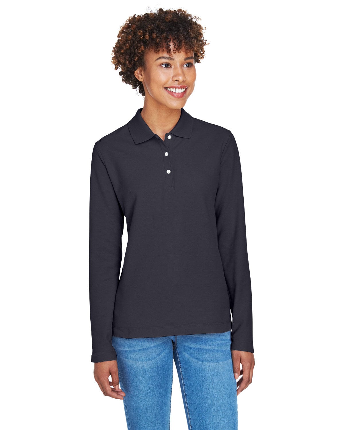 Devon & Jones Ladies Long Sleeve Polo Shirt D110W | Navy - Front