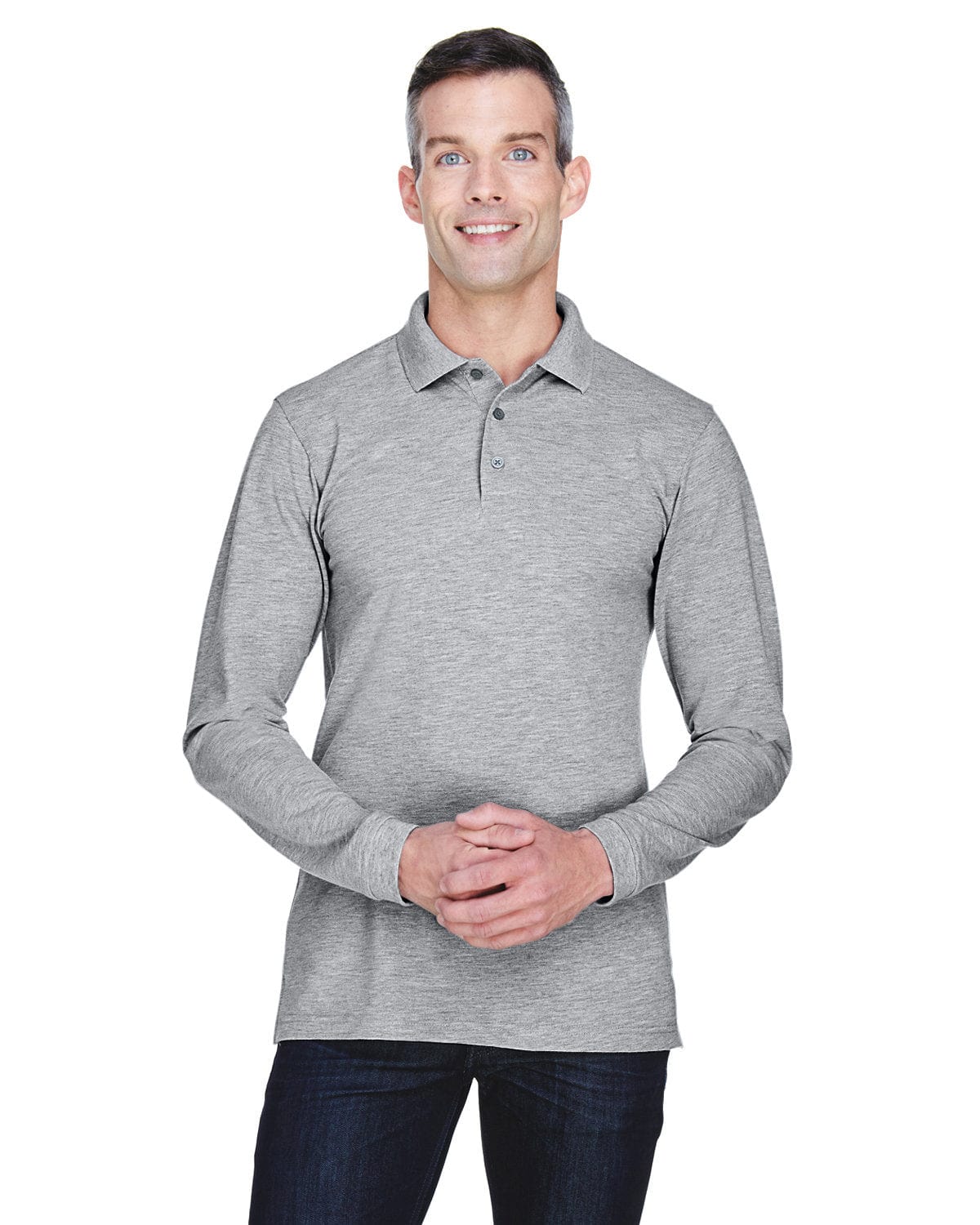 Harriton Easy Blend Long Sleeve Polo Shirt M265L | Grey Heather - Front