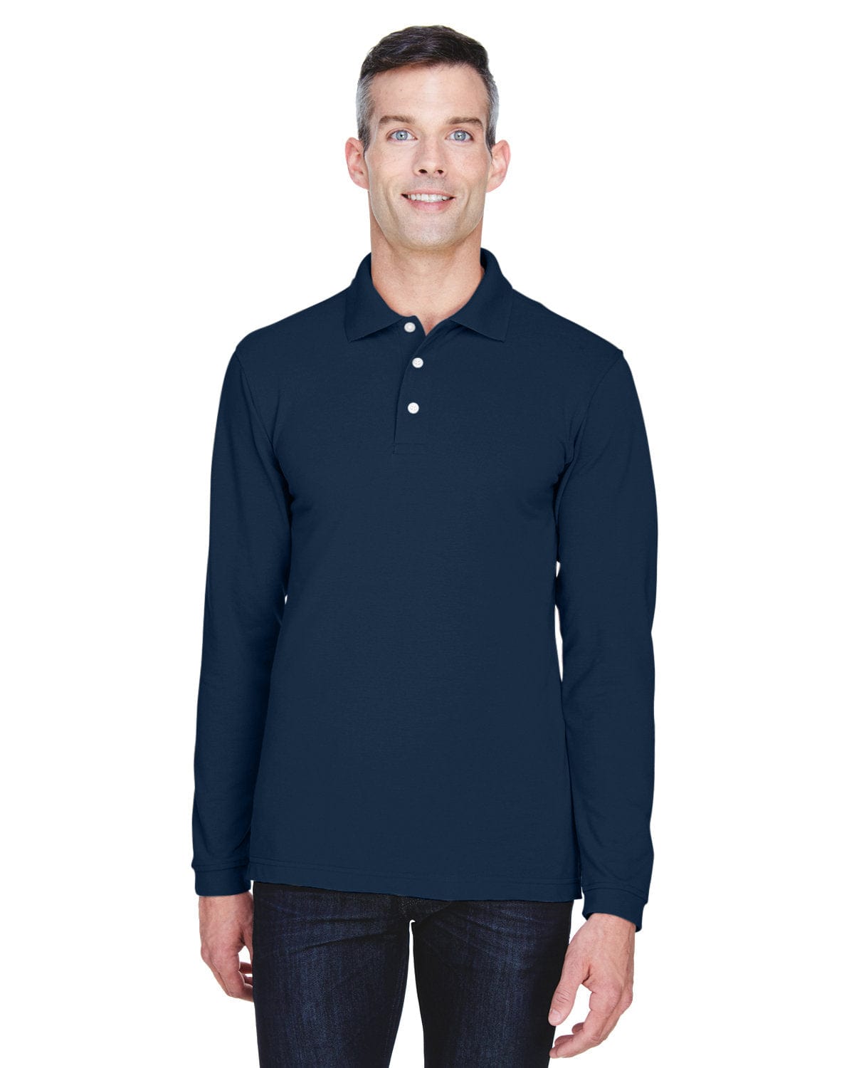 Harriton Easy Blend Long Sleeve Polo Shirt M265L | Navy - Front
