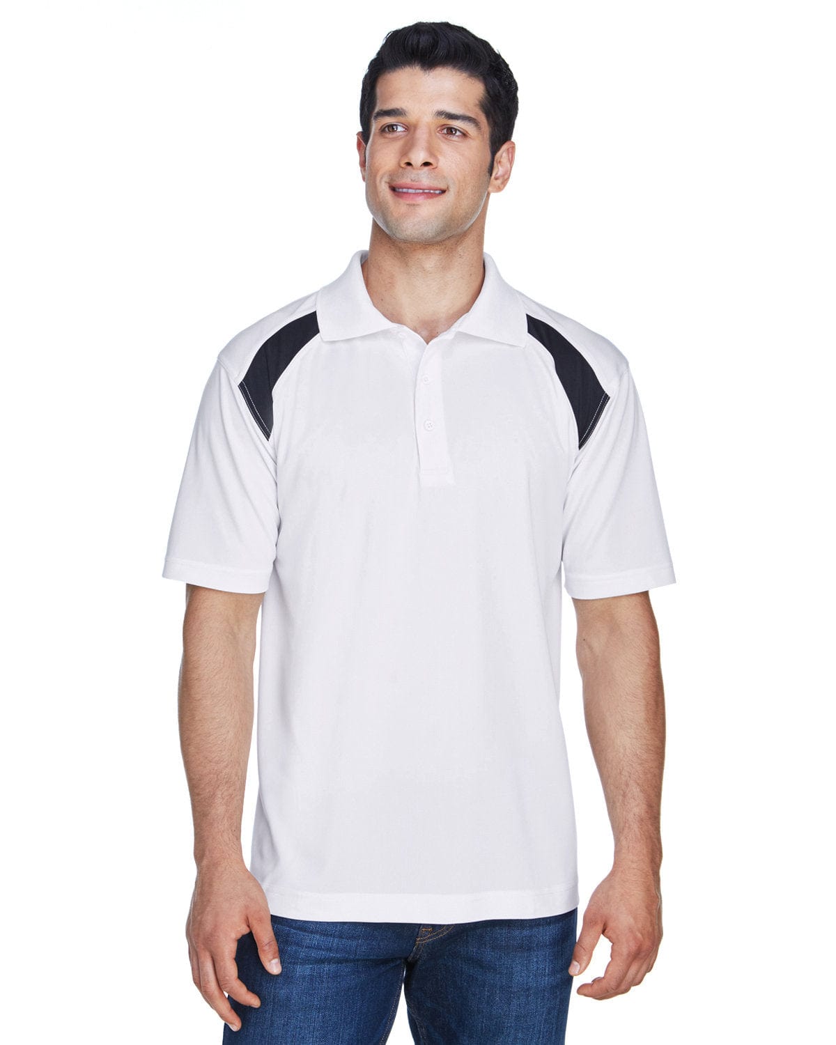 Harriton Polytech Colorblock Polo Shirt M318 | White/ Black - Front