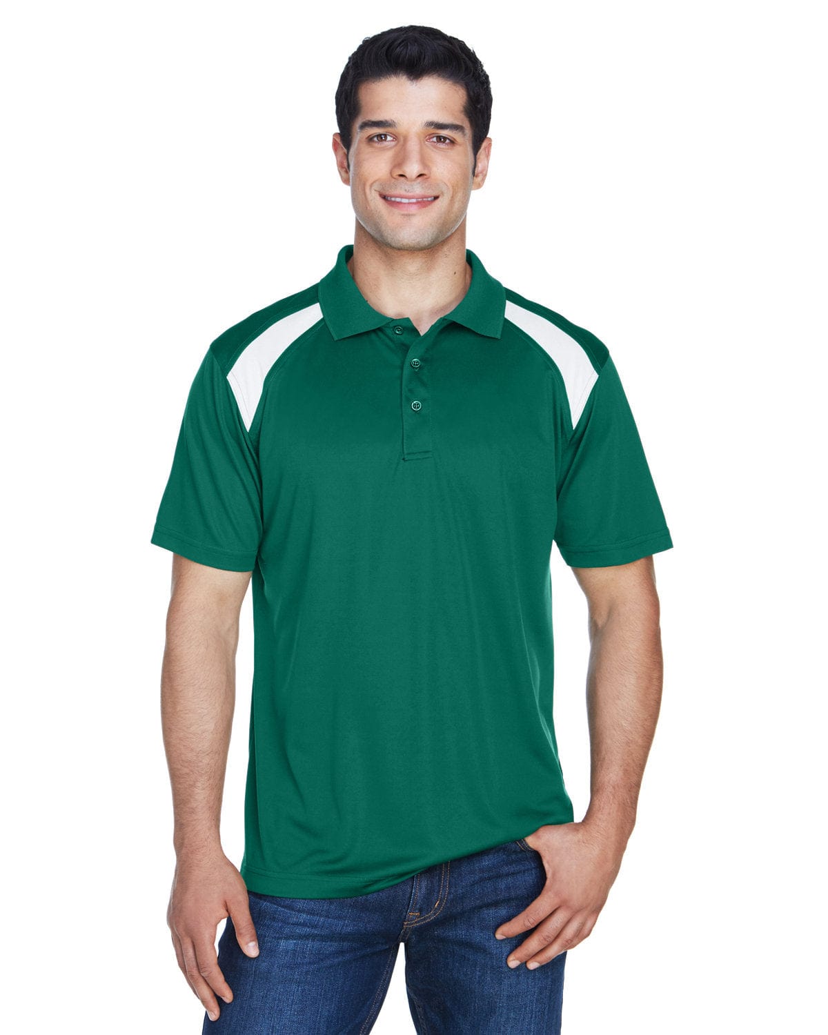 Harriton Polytech Colorblock Polo Shirt M318 | Dk Green/ White - Front