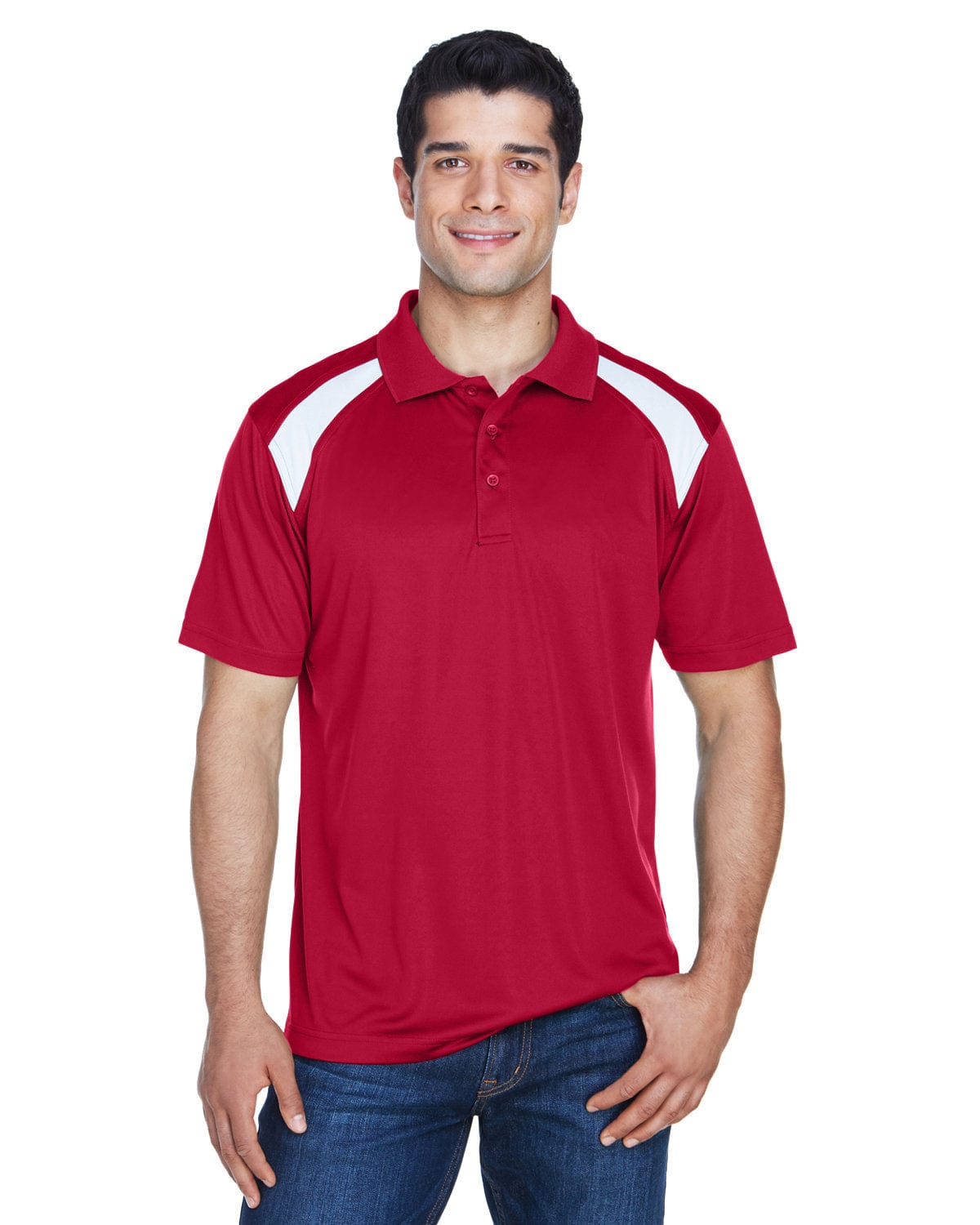 Harriton Polytech Colorblock Polo Shirt M318 | Red/ White - Front