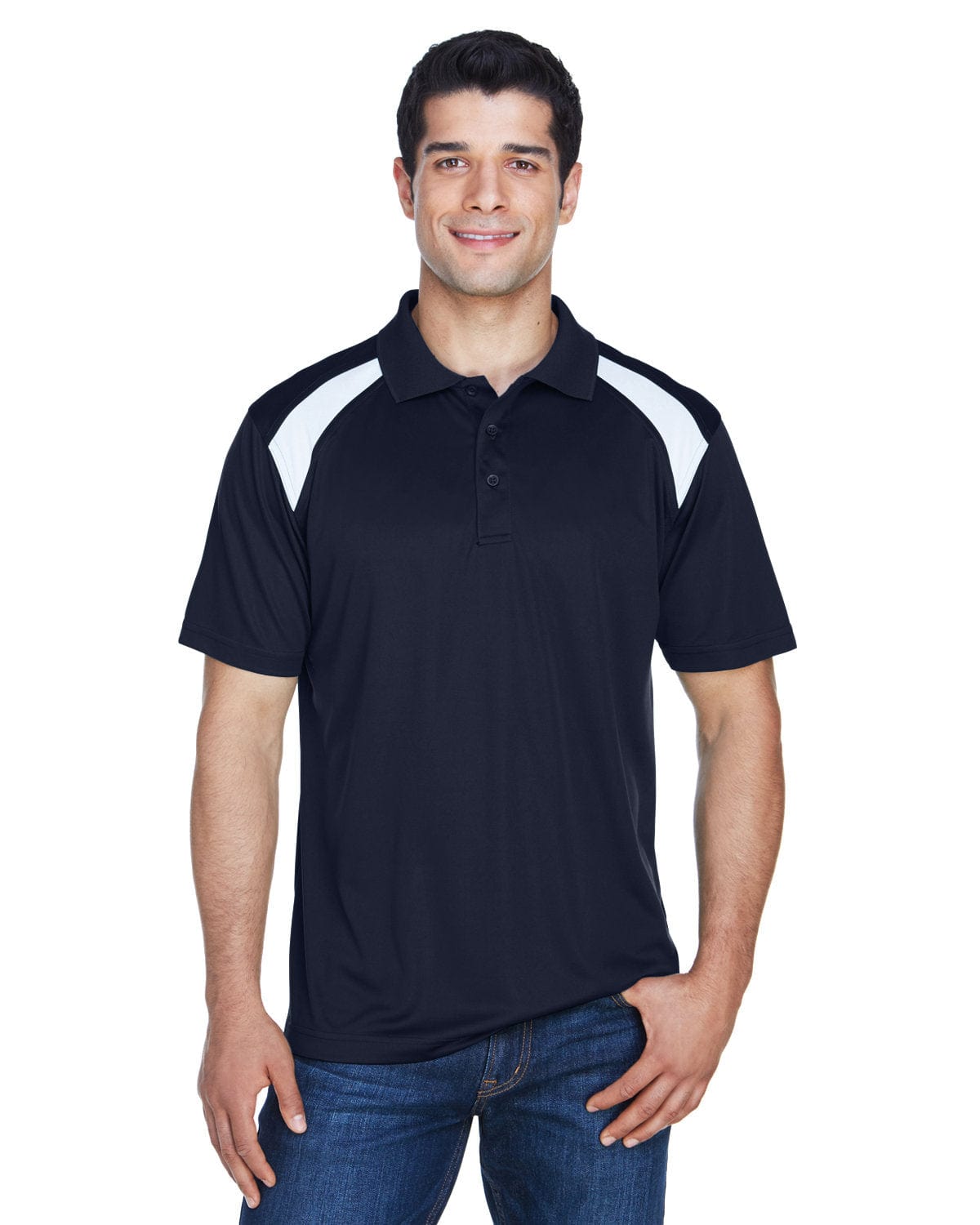 Harriton Polytech Colorblock Polo Shirt M318 | Navy/ White - Front